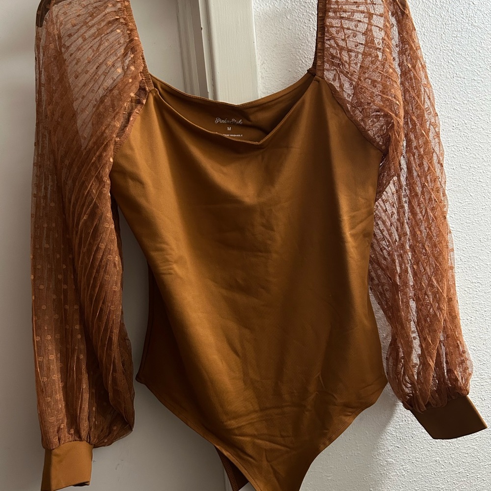 Gold Asymmetrical Bodysuit with Long Sleeves